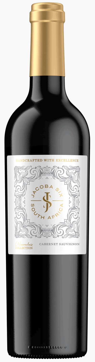 Eine Flasche Jacoba Six South Africa Cabernet Sauvignon Wein mit einem goldenen Foliendach, einem verschnörkelten weiß-goldenen Etikett und einer weiteren Flasche, die in weißes Markenpapier eingewickelt ist, im Hintergrund.