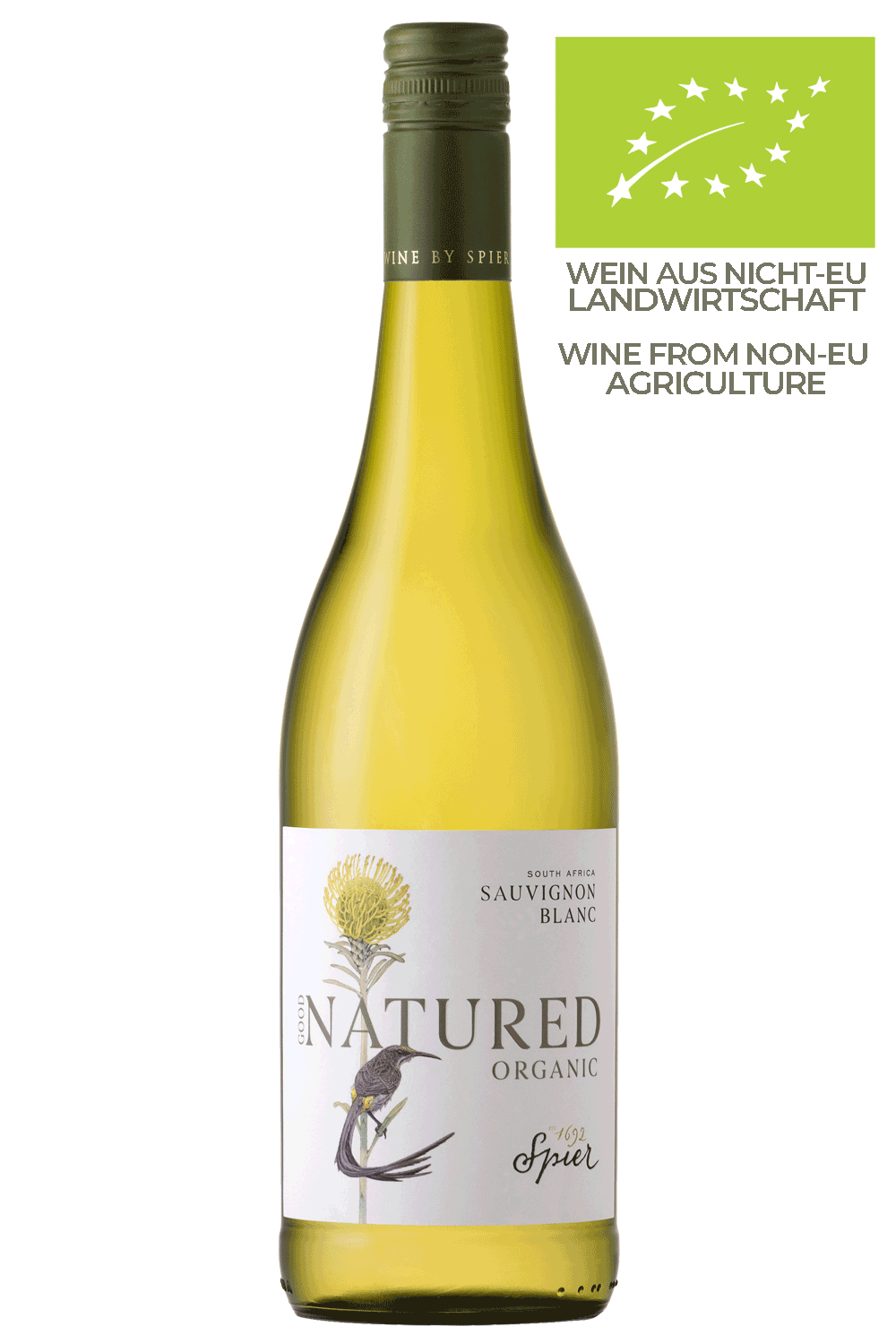 Eine Flasche Spier Natured Bio Sauvignon Blanc mit grünem Verschluss und Etikett, daneben ein grünes EU-Bio-Logo mit der Aufschrift "Wein aus Nicht-EU-Landwirtschaft" in Deutsch und Englisch.