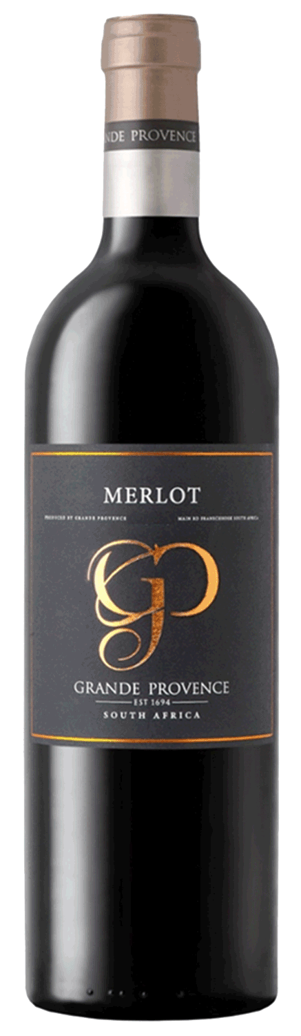 Eine Flasche Grande Provence Merlot aus Südafrika mit einem dunklen Etikett mit goldenen GP-Initialen und Text sowie einem Metallverschluss.