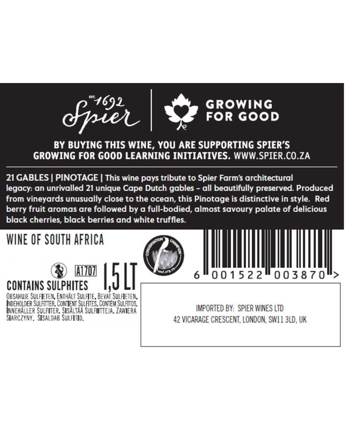 Weinflaschenetikett für Spier 21 Gables Pinotage aus Südafrika, mit Text über den Wein, einem "Growing for Good"-Logo, Inhaltsstoffen, Sulfithinweis, Strichcode und Angaben zum britischen Importeur.