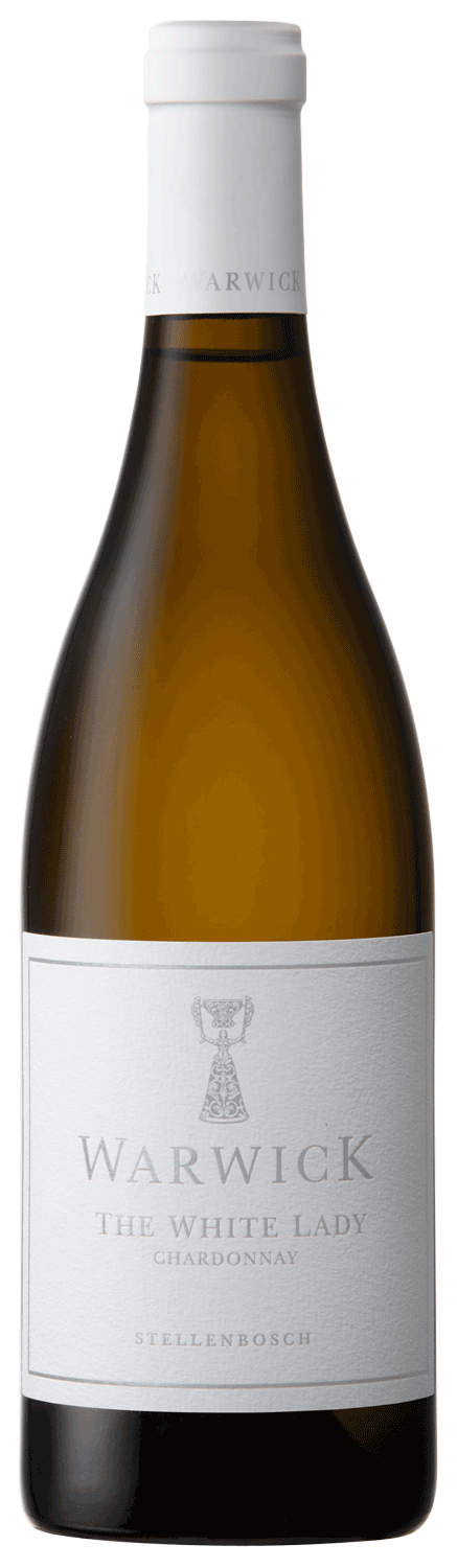 Eine Flasche Warwick The White Lady Chardonnay Wein mit weißem Etikett und Verschluss, mit einfachem silbernem Text und einem Logo vor einem schlichten weißen Hintergrund.