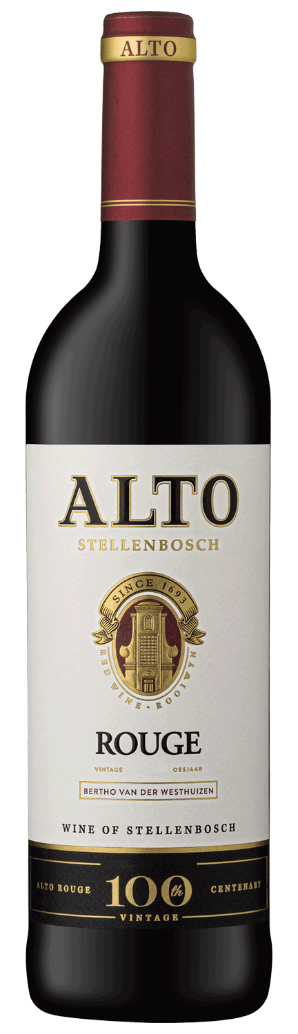 Eine Flasche Alto Stellenbosch Rouge Rotwein mit einer schwarz-goldenen Folienkapsel. Auf dem Etikett finden sich goldene und schwarze Akzente, das Alto-Logo und der Hinweis auf den 100. Jahrgang und den Wein von Stellenbosch.