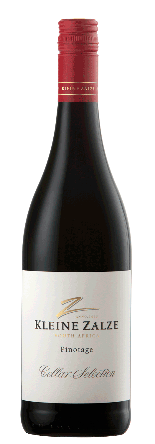 Eine Flasche Kleine Zalze Cellar Selection Pinotage Rotwein aus Südafrika mit einem roten Schraubverschluss und einem weißen Etikett mit goldener und schwarzer Schrift.