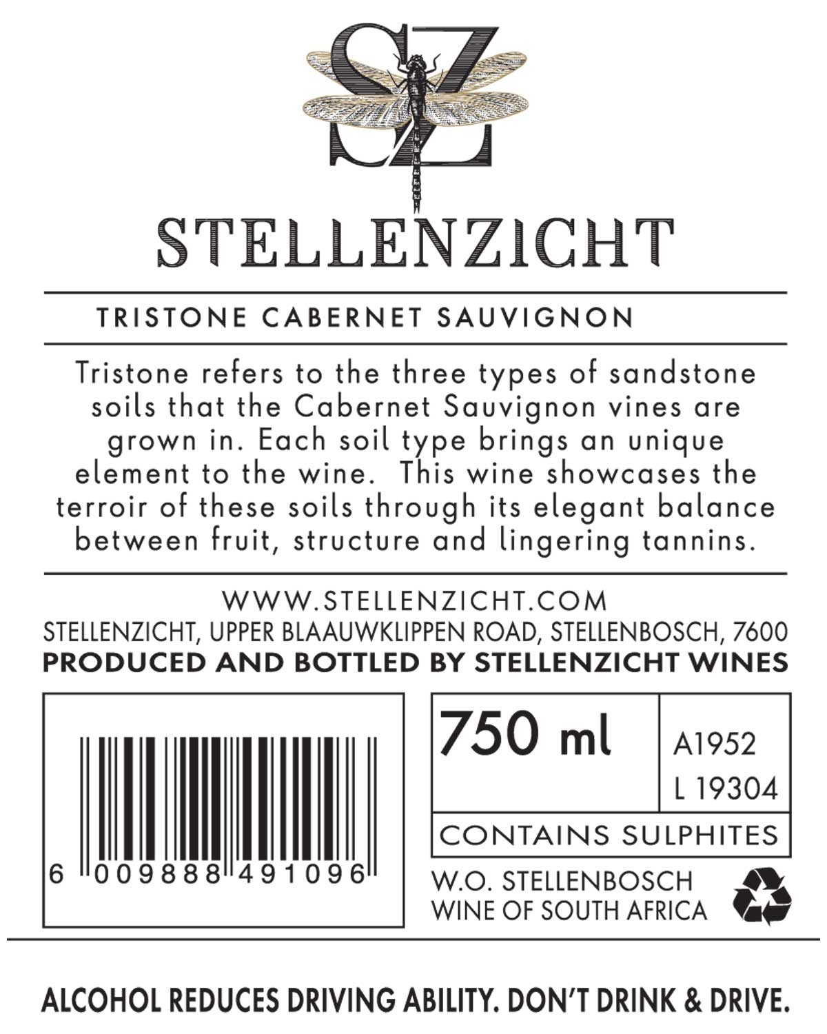 Weinflaschenetikett für Stellenzicht Tristone Cabernet Sauvignon, 750 ml, hergestellt in Stellenbosch, Südafrika. Enthält Sulfite. Mit Libellenlogo, Strichcode und der Warnung "Alkohol am Steuer".