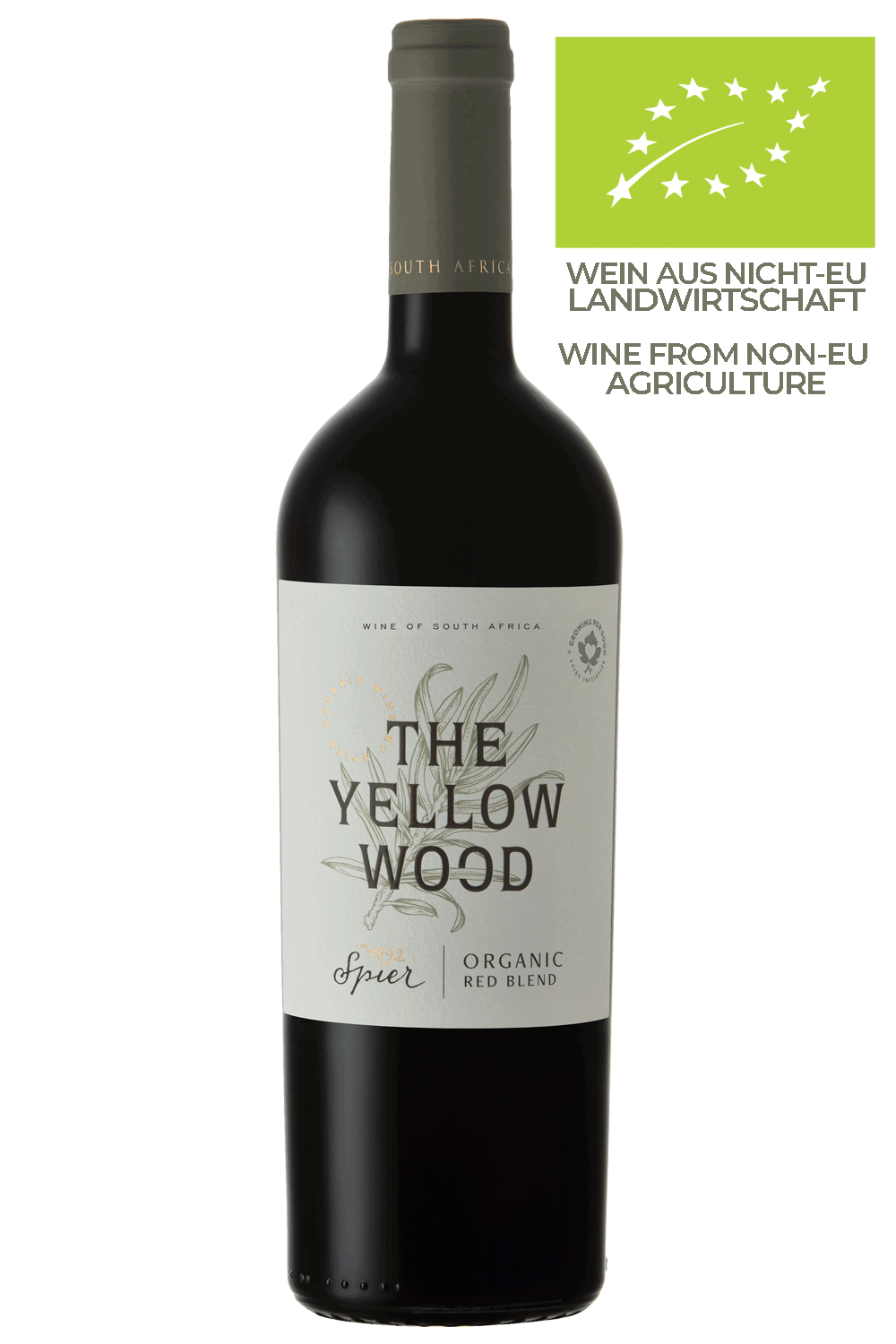 Eine Flasche Spier The Yellowwood Organic Red Blend Wein aus Südafrika steht aufrecht da. Ein grünes Etikett in der Ecke weist darauf hin, dass es sich um ein Produkt aus Nicht-EU-Landwirtschaft mit Bio-Zertifizierung handelt.