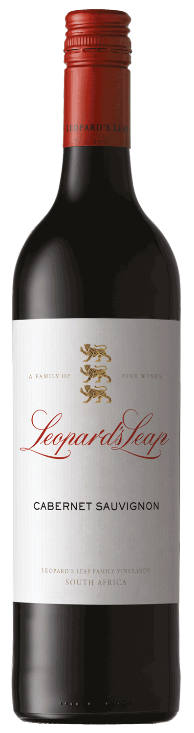 Eine Flasche Leopards Leap Cabernet Sauvignon aus Südafrika mit rotem Verschluss und weißem Etikett mit goldener Leopardengrafik und elegantem roten und schwarzen Text.